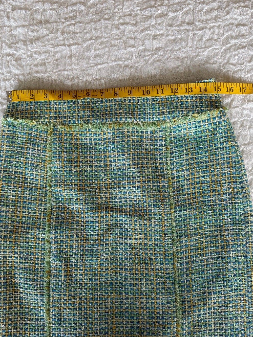 J McLaughlin Tweed A Line Skirt Teal Green Fringe Trim Lined Size 4 - Picture 6 of 12